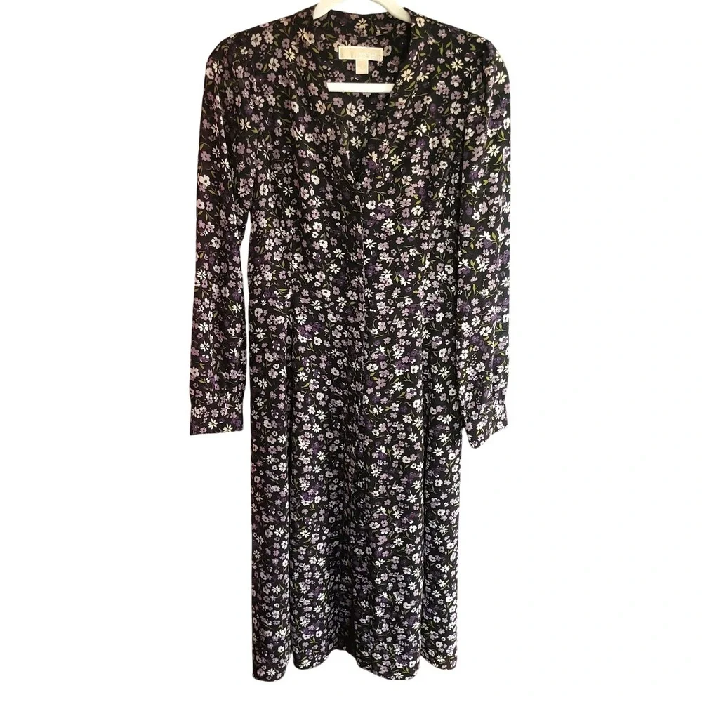 Michael Michael Kors Floral Midi Dress Black Purple LongSleeve Small Cottagecore